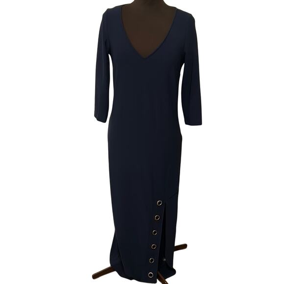 Boston Proper Beyond Travel Navy Blue Sheath V Neck Grommet Dress Size Small - Picture 2 of 15